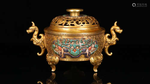 A GILT BRONZE GEM DECORATED DOUBLE EAR CENSER