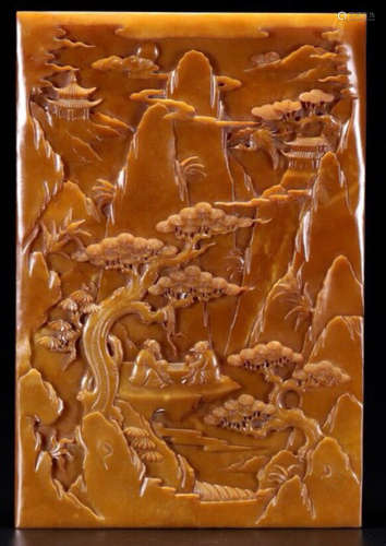 A HETIAN YELLOW JADE CARVED STORY PATTERN SCREEN