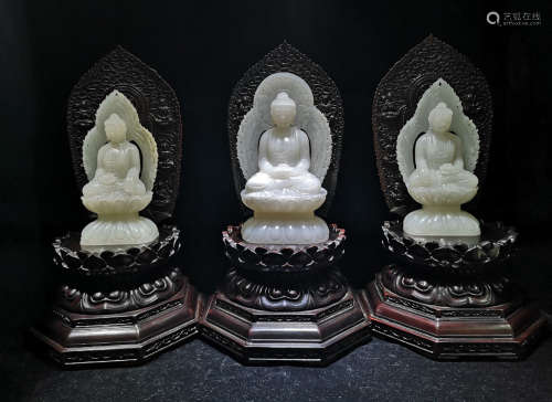 SET HETIAN WHITE JADE CARVED BUDHA WITH BASE