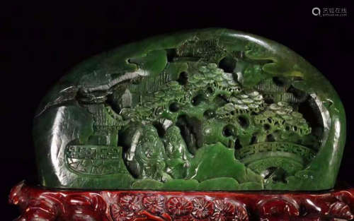 A HETIAN GREEN JADE CARVED CHARACTER PATTERN ORNAMENT