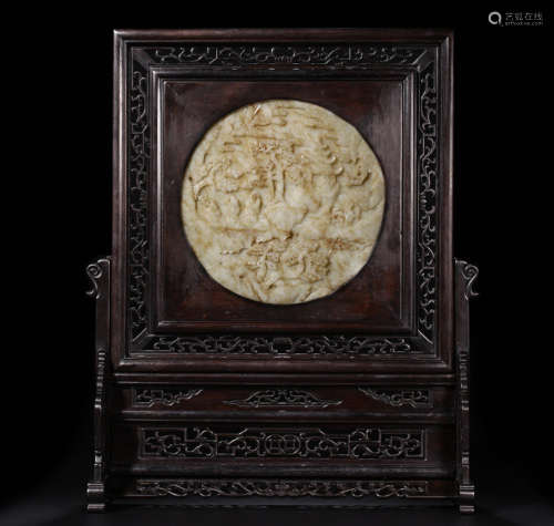 A RED WOOD CARVED HETIAN JADE DECORATED SCREEN
