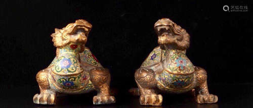 PAIR GILT BRONZE CLOISONNE TURTLE SHAPED ORNAMENTS