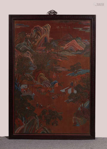 A LACQUER WOOD CARVED LANDSCAPE PATTERN SCREEN