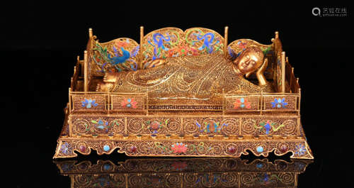 A FILIGREE GILT SILVER GEM DECORATED SLEEP BUDDHA