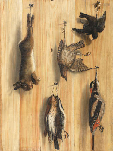 A trompe l'oeil still life with a dead hare, a wryneck, great spotted woodpecker, thrushes and finches  unframed Laurent Geedts(Leuven 1728-1813)