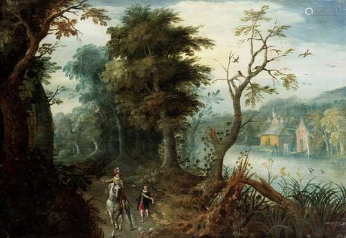 A wooded landscape with an elegant figure on horseback, before a river Attributed to Jasper van der Laanen(Antwerp circa 1592-1626)