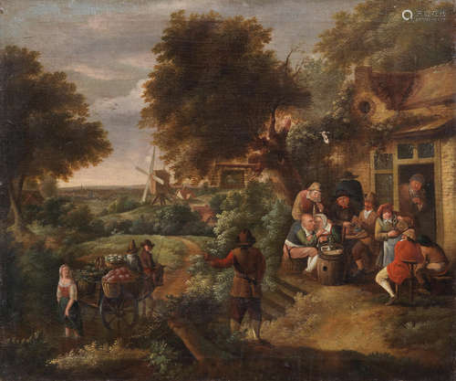 Peasants outside an inn, with a farm cart passing Flemish School17th Century