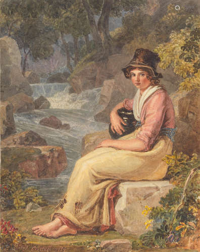 A country girl seated by a river holding a jug in an album of watercolours and drawings by other hands including Henry Bright, Sophia Daniell, Paul Sandby Munn and a watercolour of George Lamb by his mother Lady Caroline Lamb Joshua Cristall(Camborne 1767-1847 London)