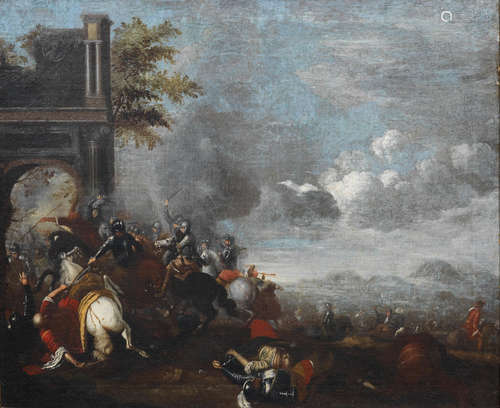 A cavalry skirmish before a ruined arch; and A cavalry skirmish before ruins  (2) Neapolitan Schoollate 17th Century