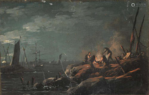 Figures by a camp fire on a rocky shore; and Figures outside an inn  (2) Jean-Baptiste Pillement(Lyon 1728-1808)