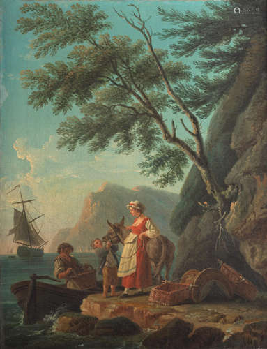 Les Plaisirs de l'été: Bathers before a waterfall, a hillside town beyond; and A Mediterranean coastline with a fisherman and a woman and her mule on the shore  (2) Studio of Claude Joseph Vernet(Avignon 1714-1789 Paris)