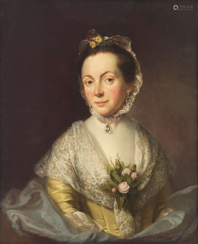 Portrait of Anne, Countess of Balcarres (nee Dalrymple), half-length, in a yellow dress and blue shawl with a rose corsage, within a painted oval Studio of Allan Ramsay(Edinburgh 1713-1784 Douvres)