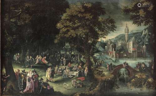 A fête champêtre with numerous elegant figures in a wooded landscape beside a river and a village beyond After David Vinckboonsearly 17th Century