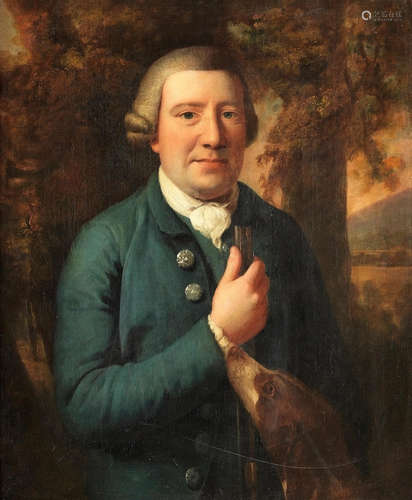 Portrait of a huntsman, half-length, in a blue coat, standing in a landscape with his dog Mason Chamberlin R.A.(London 1727-1787)