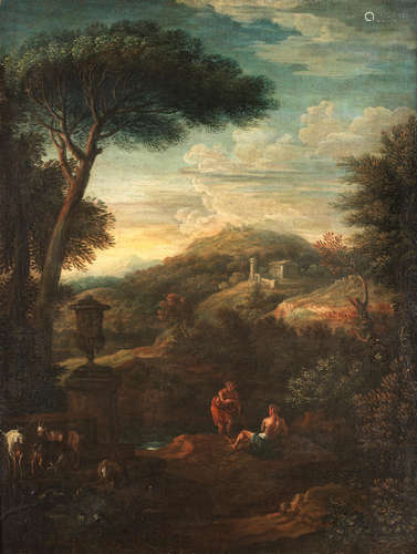 An Italianate landscape with shepherds resting with their flocks by a stream Follower of Jan Frans van Bloemen, called Orizzonte(Antwerp 1662-1749 Rome)