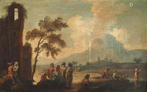 An extensive river landscape with a group of exotic merchants conversing in the foreground Francesco Antonio Simonini(Parma 1686-1753)