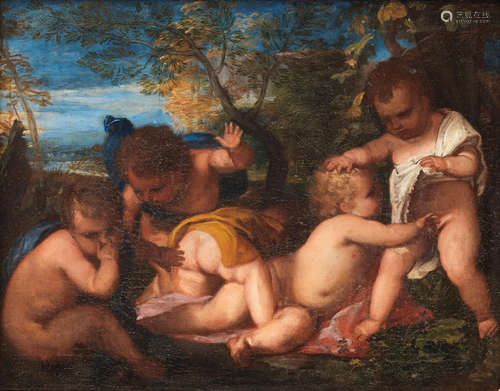 Putti cavorting in a landscape Follower of Tiziano Vecellio, called Titian(Pieve-di-Cadore 1485-1576 Venice)