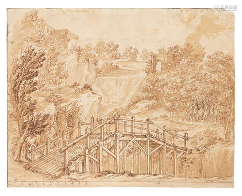 A design for a wooden bridge in a landscape with soldiers Attributed to Giuseppe Galli Bibiena(Parma 1696-1756 Berlin)