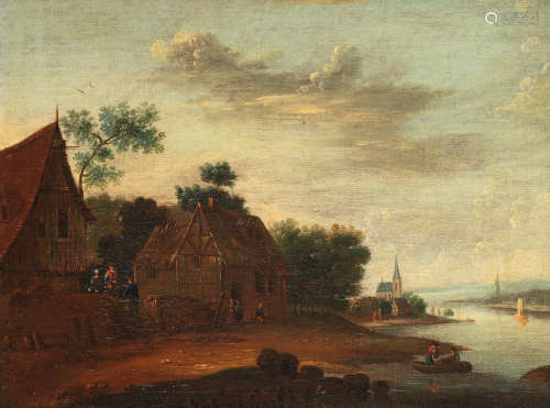 A riverside village with figures in a ferry Antwerp Schoollate 17th Century