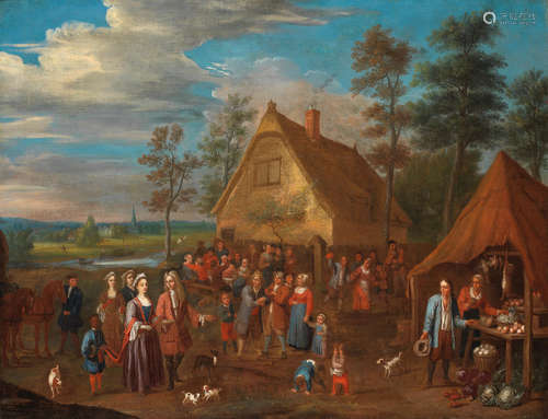 A village market with elegant figures and their slave Circle of Gillis van Tilborch(Brussels circa 1635-circa 1678)