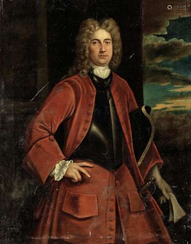 Portrait of an officer, half-length, wearing a breastplate and a red velvet coat, holding a hat Circle of John Vanderbank(London 1694-1739)