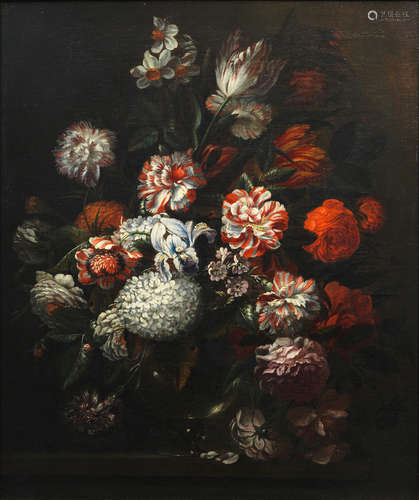 Tulips, roses, an iris and other flowers in a glass vase on a table-top Circle of Mario Nuzzi, called Mario de' Fiori(Rome circa 1603-1673)