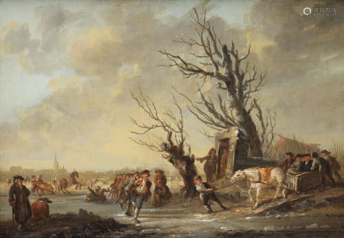 A winter landscape with figures ice skating Dutch School18th Century