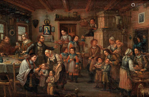 An interior with figures washing; An interior with figures preparing food; An interior with figures before a priest; and Figures in an interior with a tax collector Flemish School18th Century