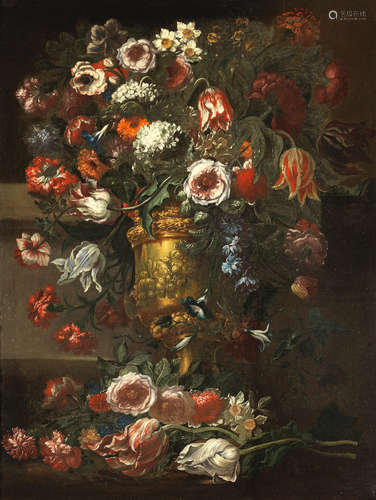 Roses, tulips, narcissi and other flowers in a bronze urn on a stone ledge Circle of Andrea Scacciati(Florence 1642-1710)