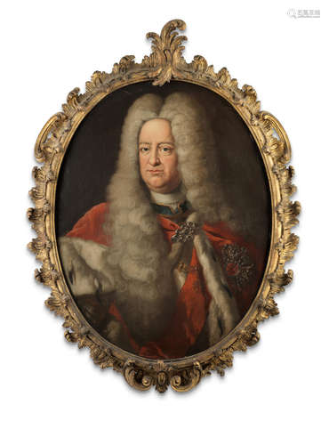 Portrait of Karl III Philip, Elector Palatine (1661-1742), half-length, wearing armour and his electoral robes with the Order of the Golden Fleece and the star of the Order of Saint Hubert in a carved and giltwood mid-18th century frame Attributed to Jan Philipp von der Schlichten(Rotterdam 1681-1745 Mannheim)