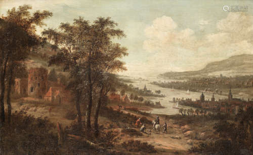 An extensive river landscape with travellers on a country path Dionys Verburgh(Rotterdam circa 1655-1722)