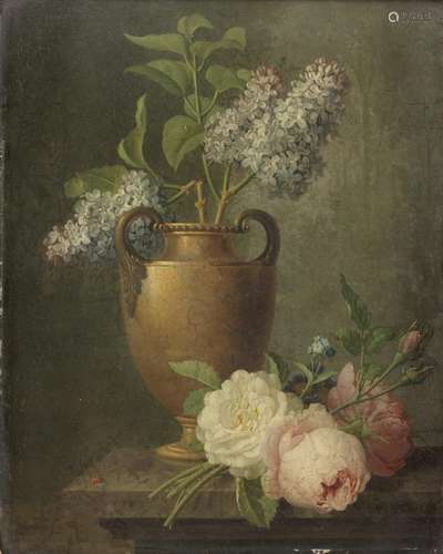 Lilacs in a bronze urn on a stone ledge with roses Pieter Faes(Meir 1750-1814 Antwerp)