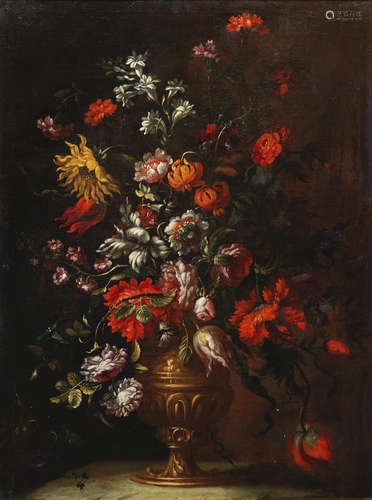 Tulips, poppies, roses and other flowers in a bronze urn Follower of Jean-Baptiste Monnoyer(Lille 1636-1699 London)