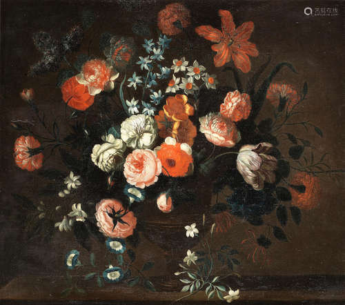 Tulips, narcissi, roses, convolvulus and other flowers in an urn on a table-top Attributed to Pieter Hardime(Antwerp 1677-1758)