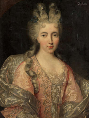 Portrait of a lady, bust-length, in a pink embroidered dress with a silk wrap, within a painted oval Circle of Nicolas de Largillière(Paris 1656-1746)