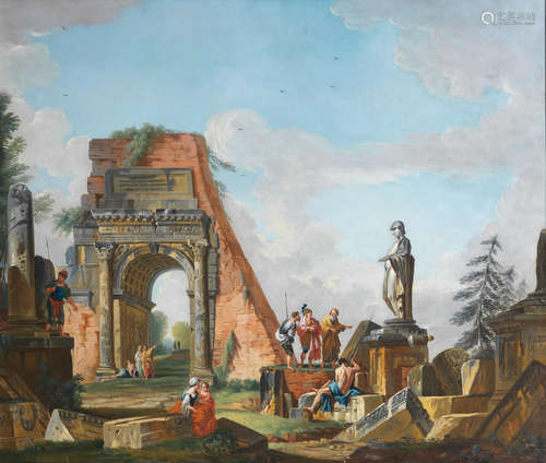 A capriccio of Roman ruins including the Arch of Titus and the Statue of Achilles Manner of Giovanni Paolo Panini19th Century