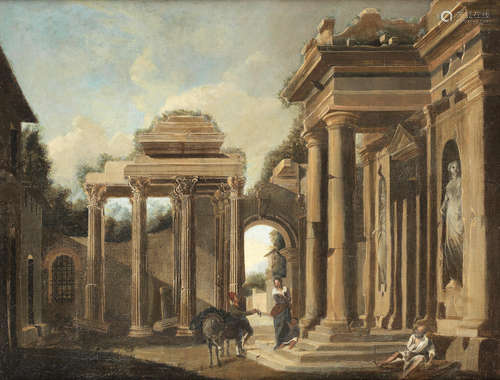 An architectural capriccio with travellers resting in the foreground Follower of Giovanni Ghisolfi(Milan circa 1623-1683)