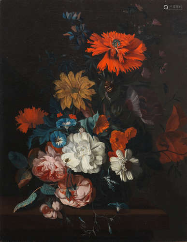 Carnations, rose, convolvulus and other flowers on a table-top; and Poppies, convolvulus and other flowers on a stone ledge with a snail  (2) Circle of Rachel Ruysch(Amsterdam 1664-1750)