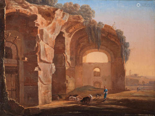 An Italianate landscape with a shepherd before classical ruins, possibly the Baths of Diocletian Jan Asselijn(Dieppe circa 1610-1652 Amsterdam)