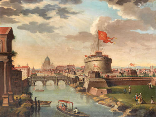 View of the Tiber, Rome with the Castel Sant'Angelo Italian Schoollate 18th Century