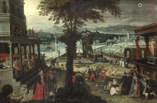 A palace garden with elegant figures feasting on a terrace with musicians on the balcony above them and a troupe of commedia dell'arte actors and acrobats performing below Circle of Sebastian Vrancx(Antwerp 1573-1647)