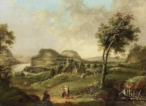 An extensive river landscape with travellers on a country path German School18th Century