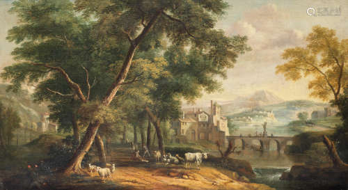 An Italianate landscape with figures chopping wood Dutch School18th Century