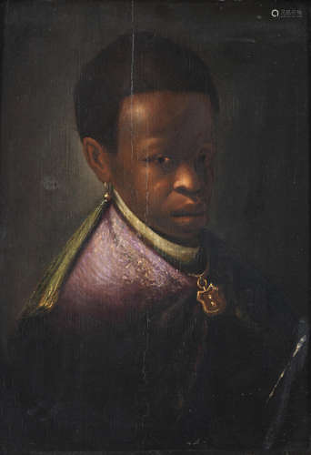 Portrait of a black boy, bust-length, in a cloak, gold clasp and an earring Circle of Gerrit Dou(Leiden 1613-1675)