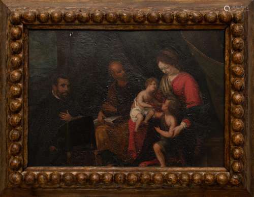 The Holy Family with a donor in a carved and gilt wood frame Attributed to Giovanni-Battista Tinti(Parma 1558-1617)