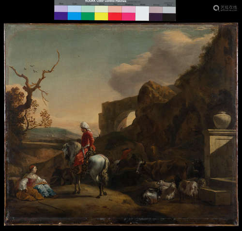 An Italianate landscape with a Moorish rider conversing with a shepherdess resting on the roadside, a ruined Roman aqueduct beyond Jan Baptist Weenix(Amsterdam 1621-circa 1660 Deutecum)