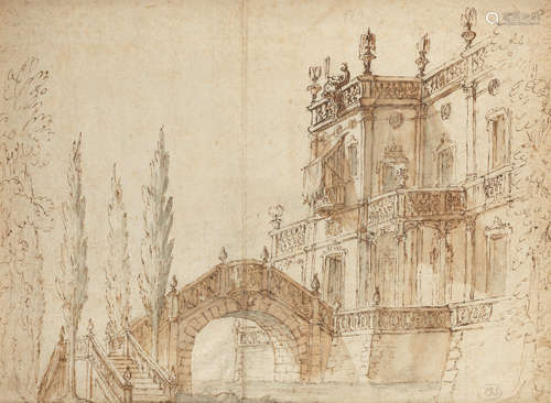 A palace with a moat and bridge Bibiena Family(active Italy, 17th/ 18th Centuries)