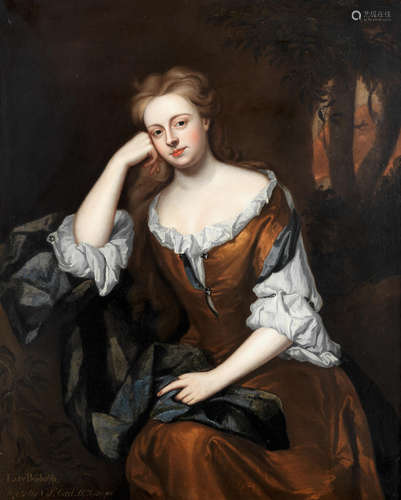 Portait of a lady, traditionally identified as Lady Bishopp, seated three-quarter-length, in a gold dress and blue wrap before a landscape Circle of Sir Godfrey Kneller(Lübeck 1646-1723 London)