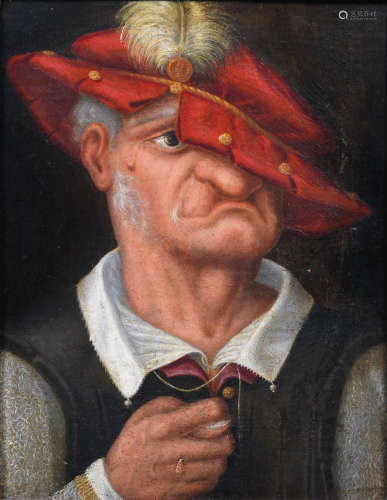 Caricature of an old man in a red plumed hat German School17th Century