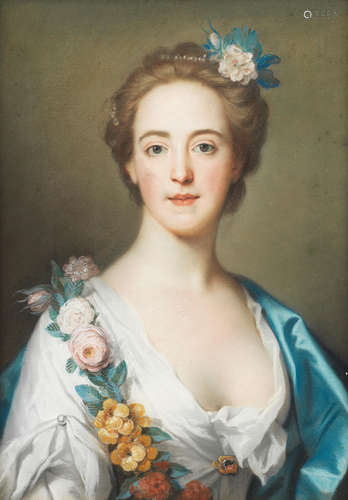 Portrait of Eleanor Corbet, bust-length, in a white dress and blue wrap with a floral garland William Hoare(near Eye, Suffolk 1707-1792 Bath)